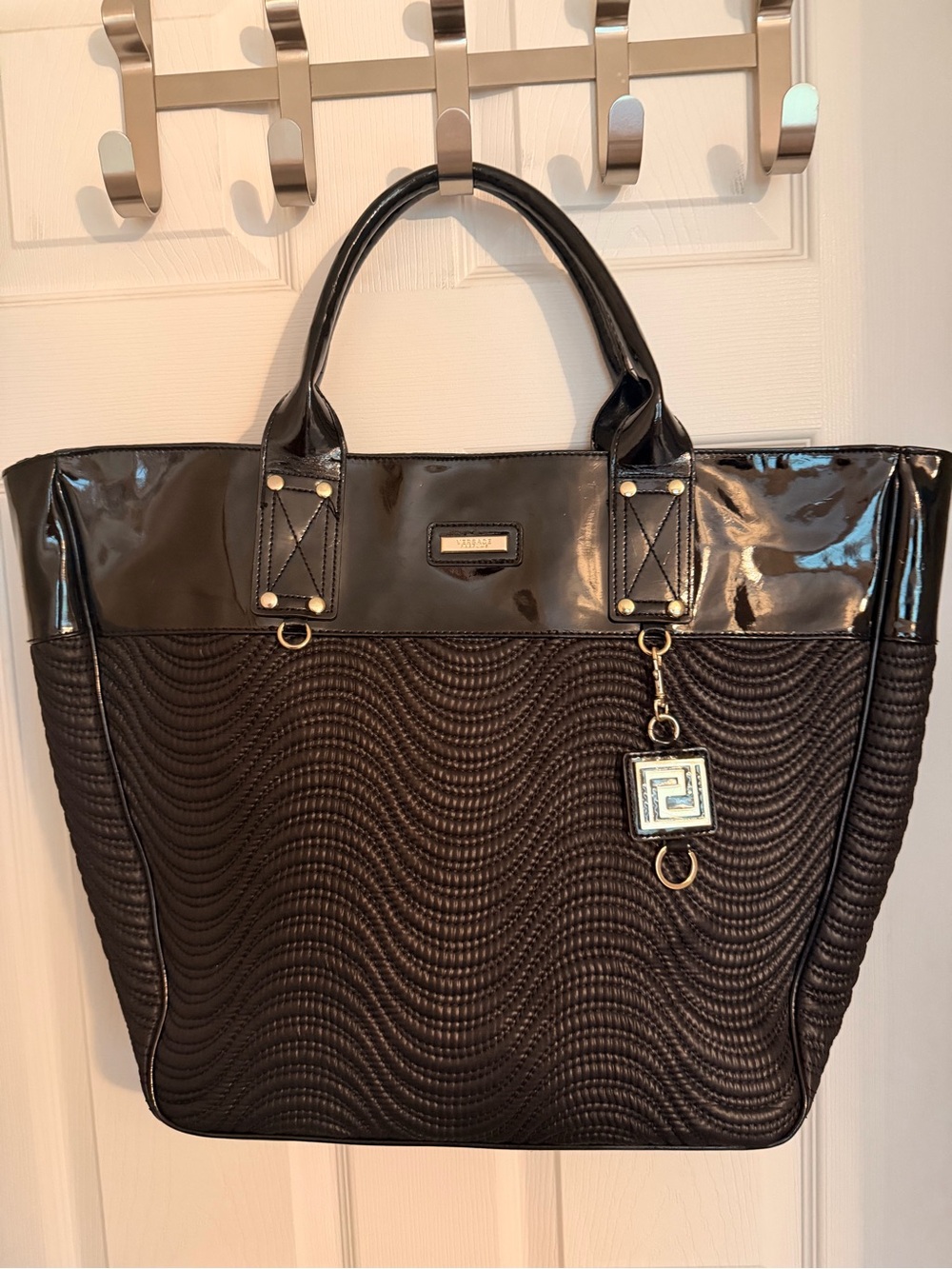 Versace Black Quilted Wave Patent-Trim Tote
